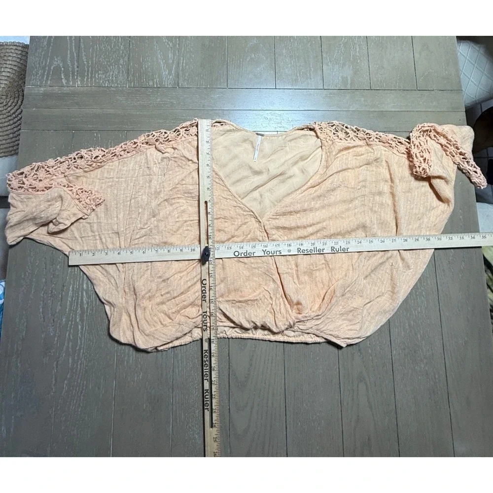 Free People Top Womens Small Peach Crochet Lace Surplice Wrap Relaxed Boho